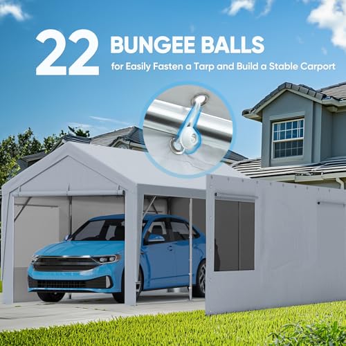 Image of ADVANCE OUTDOOR Carport Replacement Window Sidewall 10 /12x20 ft, Heavy Duty Waterproof & UV Protected, Easy Installation with Ball Bungees, Gray, One Sidewall Only