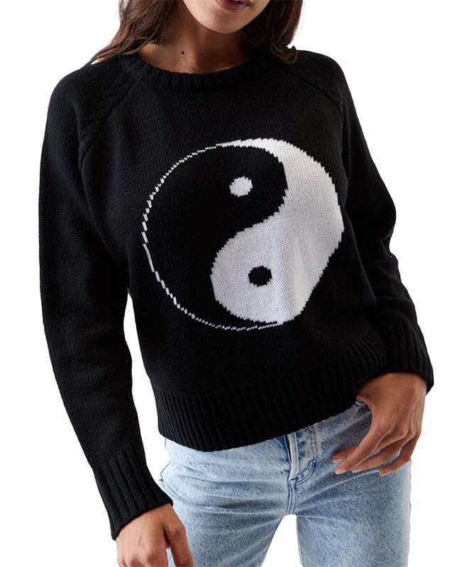 CORIRESHA Women's Yin Yang Pullover Crewneck Long Sleeve Casual Tai Chi Knit Pullover