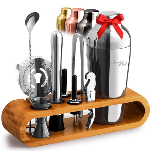 Mixology & Craft Cocktail Shaker Set with Bamboo Stand - Professional 10-Piece Bartender Kit - Complete Bar Set & Cocktail Mixer Kit for Home (Silver)