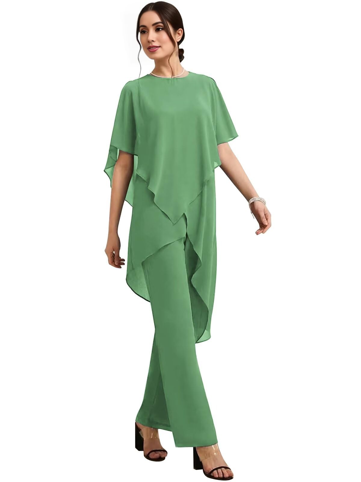 Mother of The Bride Pant Suits for Wedding Chiffon 2 Pieces Formal Wedding Guest Outfit with Sleeve RO7