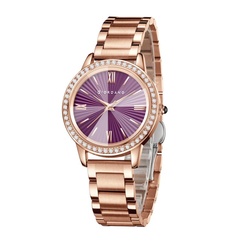 Image of Giordano Analog Watch for Women with Sunray Round Dial, Crystal Studded Bezel, Roman Numerals Markers, Quartz Movement and Rose Gold Stainless Steel Strap - GZ-60118
