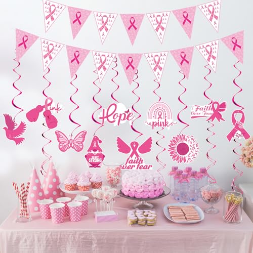 Image of Gameza Breast Cancer Decorations Pink - 12PCS Breast Cancer Awareness Decorations Pink and White Ribbon Banner Cancer Awareness Charity Activity Party Hanging Swirls Supplies Decor Home Office