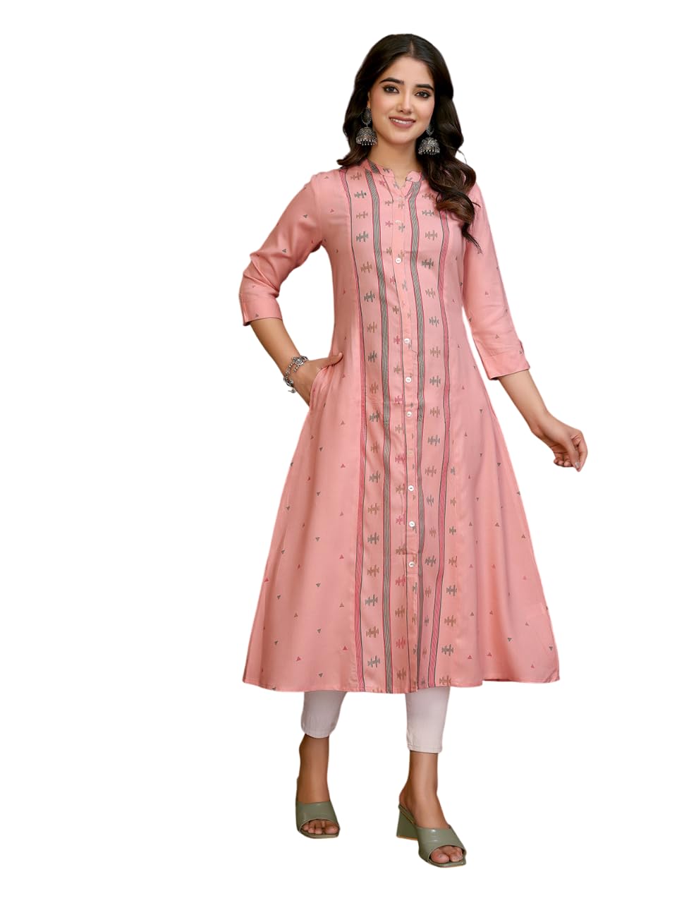 Pink Rayon Calf Length Printed A-Line Kurti | Kurta for Women-image-19