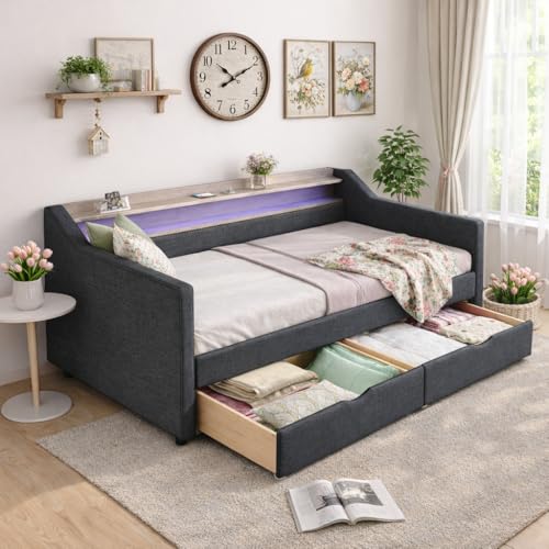 Image of Ball & Cast Twin Size Daybed Frame with Storage Drawers and 2-Tier Shelf,Modern Linen Upholstered Sofa Bed w/Charging Station,Smart LED Light,Wood Slats Support,for Livingroom,Apartment,Dark Grey