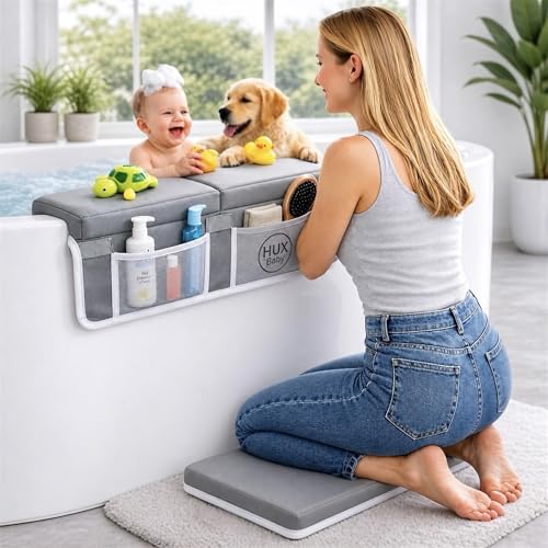 Image of Comfortable Baby Bath Kneeler and Elbow Rest Pad Set, Non-Slip Bathtub Kneeling Pad for Bathing Baby, Bath Tub Cushion Mat, Elbow Pads, Toy Organizer Storage Pockets, Strong Suction Cups (Light Gray)