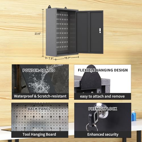 Image of JZD Steel Storage Cabinet Set System, Included Metal Pegboard Wall Cabinets Wood Tabletop, for Garage Auto Repair Shops, Utility Room