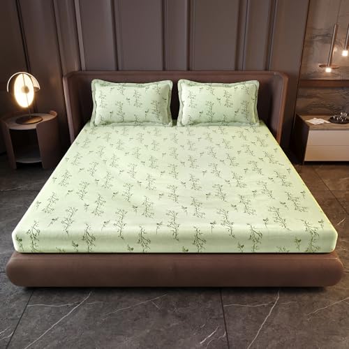 Image of Divine Casa Cotton King Size Bedsheet 210 TC | Soft Skin Friendly Breathable Bed Sheet with 2 Pillow Covers | Pigment Twill Satin Bedding Set | 275 x 275 cm (Pista Green, Floral)