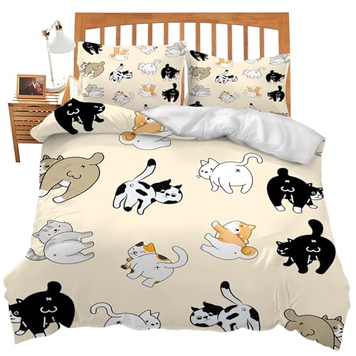 Cat Bedding Set Funny Cats Theme Comforter Set Cute Cat Duvet Cover Bedroom Decor Soft Twin Full Queen King Size Quilt Cover with 2 Pillowcases for Kids Teens Adults Women Men 90x90