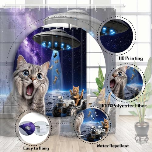 Image of Boziqr Cat Shower Curtain, Funny Cat UFO Fantasy Galaxy Shower Curtains for Bathroom Decor, Fun Cat Shower Curtain Set with 12 Hooks for Bathroom Decor Accessories Bathtub Curtain, 60 inchx72 inch
