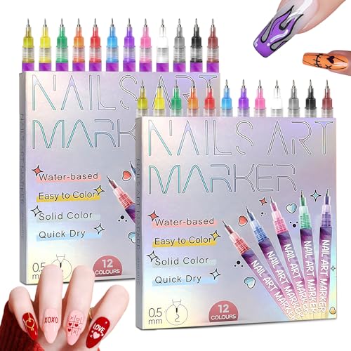Image of 12 Color Nail Art Pens, 2026 Upgrade 0.5 MM Nail Polish Pens Drawing Painting Point Liner Acrylic Painted Pen Kit, DIY Nails Art Design Manicure Tools Christmas Gifts (2 Set)