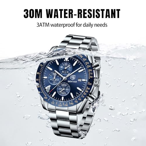 باي بنيار ساعة كرونوغراف مقاومة للماء حتى عمق 100 متر للرجال بسوار جلدي بني وحركة كوارتز، ساعة انالوج بعقارب مناسبة للعمل وكاجوال، هدية للرجال