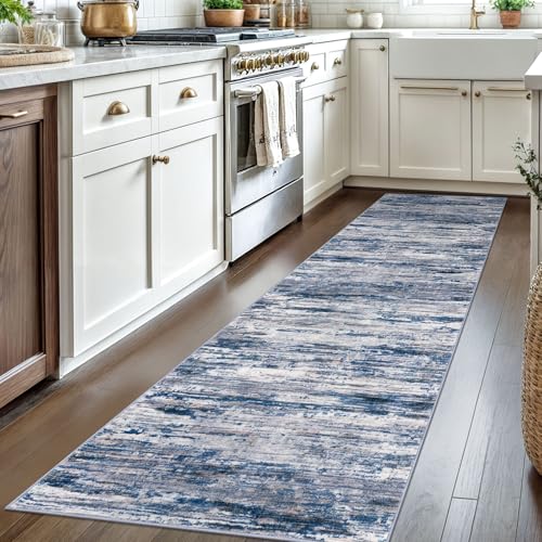2.6x8 Navy Blue Gray Neutral Multi Modern Abstract Runner Rug for Hallways, Super Soft Hallway Decor Kitchen Rugs with Non-Slip, Non-Shedding Washable Rug for Entryway Bedroom Indoor