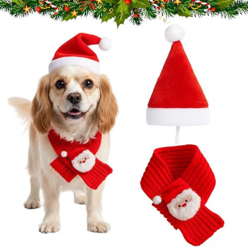 2 Pcs Dog Christmas Outfit Santa Hat for Dogs with white Pompom Ball Adjustable Santa Hat for Dog Red Knit Scarf Red Costume Set Design for Large and Small Dogs