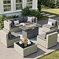 VONZOY 8 Piece Patio Furniture Set with 44" Fire Pit Table, Outdoor Sectional Wicker Rattan Sofa Set with Coffee Table (Grey/Grey)