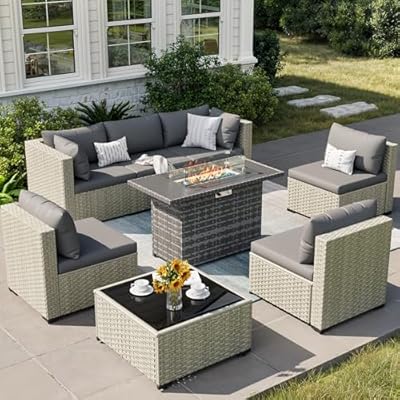 VONZOY 8 Piece Patio Furniture Set with 44" Fire Pit Table, Outdoor Sectional Wicker Rattan Sofa Set with Coffee Table (Grey/Grey)