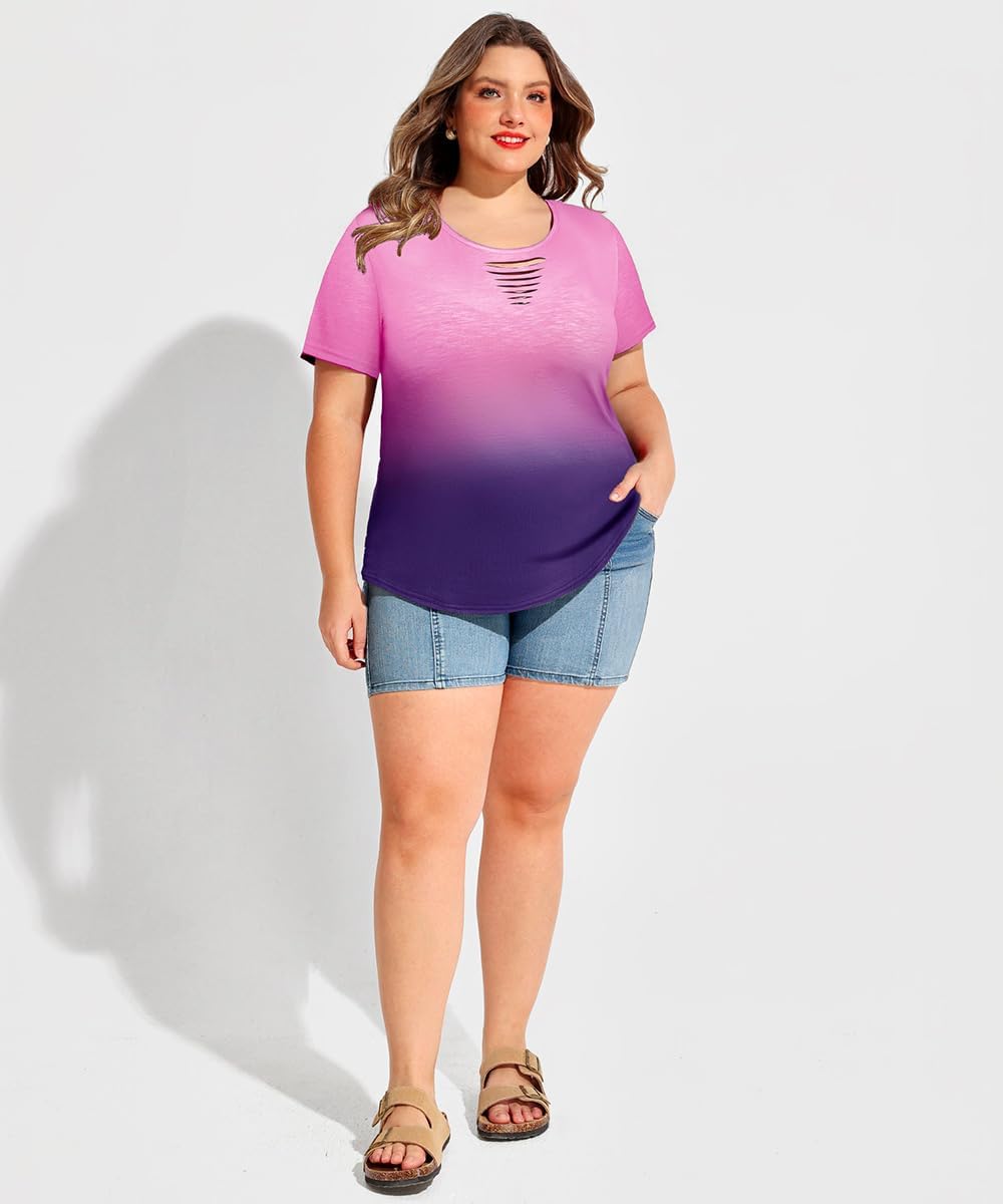 CARCOS Plus Size Tops for Women Short Sleeve Shirts Basic Tee Solid Color Blouse V Neck Tunic Loose Fit Tshirts Summer XL-5XL - Image 4