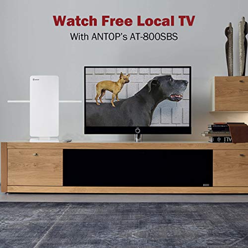 ANTOP HDTV & FM Amplified Antenna 85 Miles AT-800SBS with Dual Outputs Smart Boost System, Support TV and Second Device-FM Stereo, a Second TV or Any OTA-Ready Streaming Device or Projector