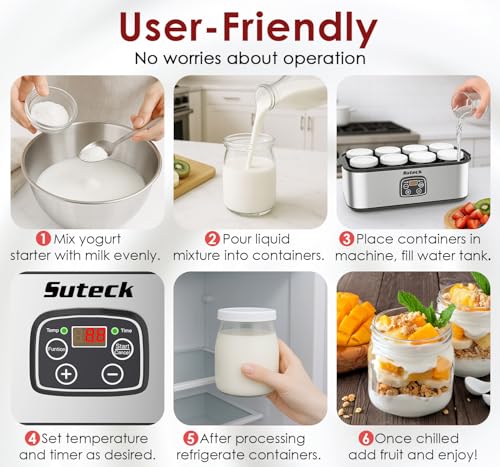 Image of Suteck Yogurt Maker with 8 Jars, Adjustable Time & Temp Control, Black | 8 Jars Each 6oz Dishwasher-Safe, BPA-Free, 0-48H Timer & 68-131F Temp, ±1C Precision | Auto Shutoff, 25W, Greek Yogurt