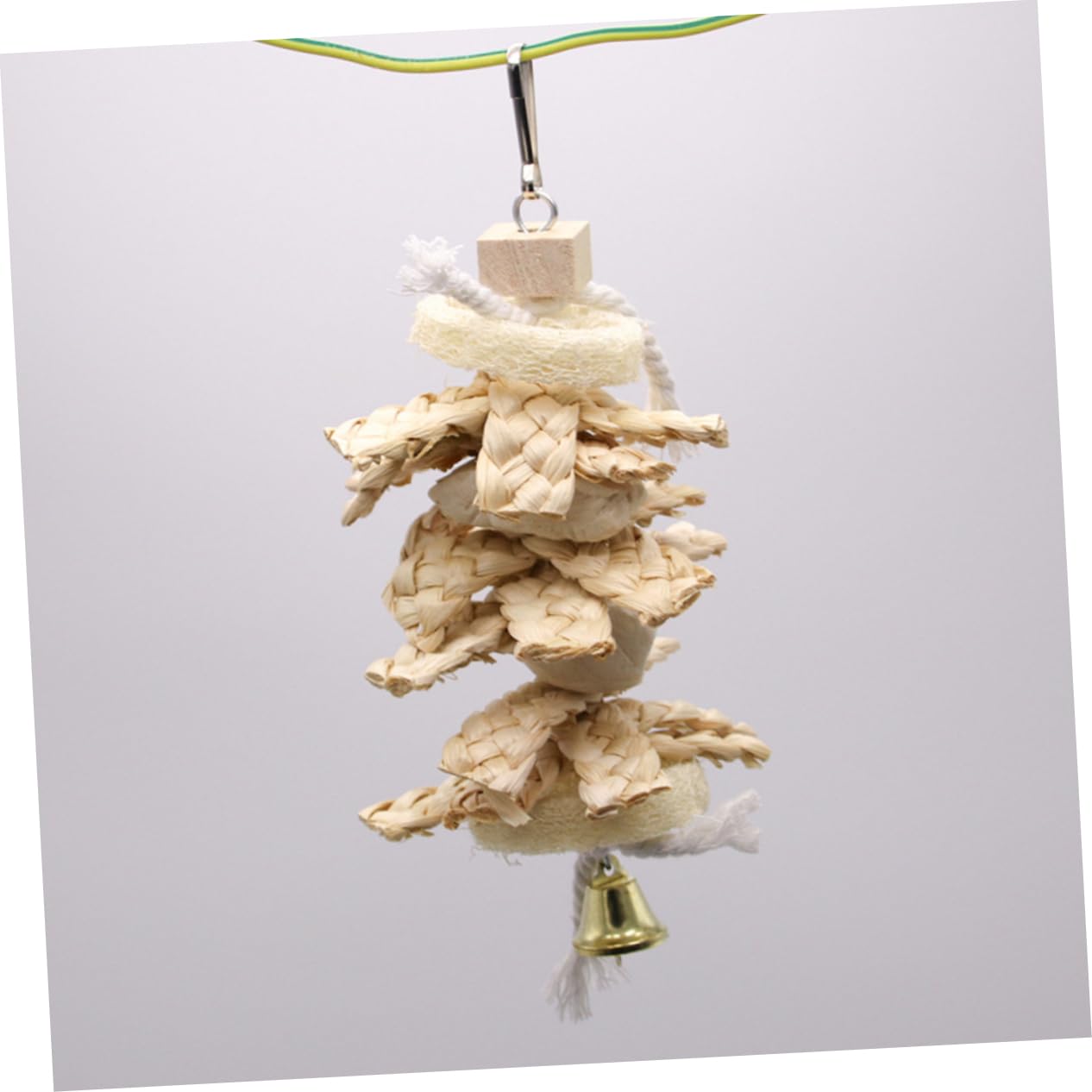 Toddmomy Parrot Swing Molar Natural Loofah Straw Pendant with Ring Bell Hanging Bird for Climbing Biting and Exploring for Parrots Cages Gardens Beige