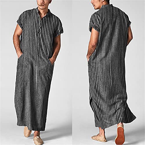 Men Islamic Arabic Kaftan, Striped Short Sleeve Casual Pockets Muslim Robes, Cotton Saudi Arabia Jubba Thobe2