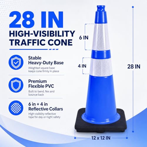 Image of BESEA 4 Pack 28 Inch Blue Traffic Cones with Wide Weighted Base