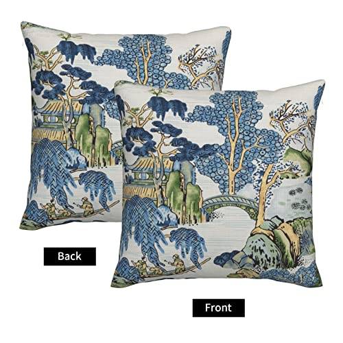 Wsunsal Chinoiserie Pillow Covers 16X16 Inch Set Of 2, Asian Scenic Blue And Kelly Green Throw Pillows Farmhouse Chinoiserie Decorative Pillowcase Linen Cushion Cover For Home Sofa Bedroom Outdoor #TOP5
