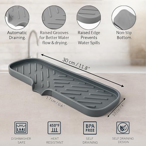 Image of HOMEZE Silicone Sink Drainer Mat 30x10 cm | Multipurpose Kitchen Sink Organizer Tray for Soap, Sponge, Brush Storage & Drying| Non-Slip, Heat-Resistant, Flexible & Easy to Clean Counter Mat