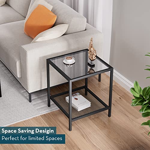 Saygoer Small Side Table Glass End Table With Mesh Storage Shelf For Small Spaces Modern Square Bed Nightstand For Living Room Bedroom Balcony Couch Table With Metal Frame, Easy Assembly,Grey Black #TOP5