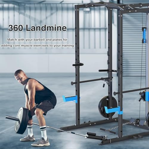 Image of ULTRA FUEGO Power Cage, Multi-Functional Power Rack with J-Hooks, Dip Handles, Landmine Attachment and Optional Cable Pulley System for Home Gym (Power Cage with 240LB Weights, Blue)