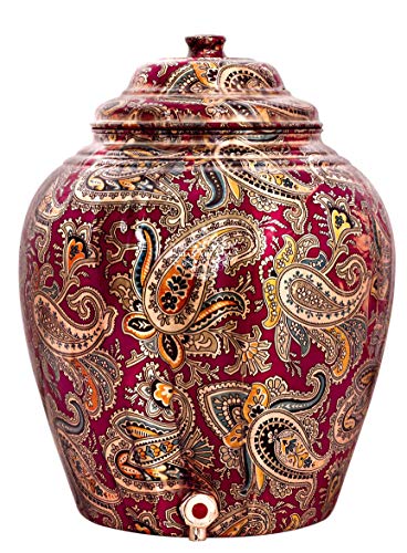 Image of INDIAN ART VILLA Printed Copper Water Dispenser Pot Matka, 13L, Maroon Design, Pure Copper for Healthy Drinking, with Lid & Tap, Home, Kitchen & Garden Use
