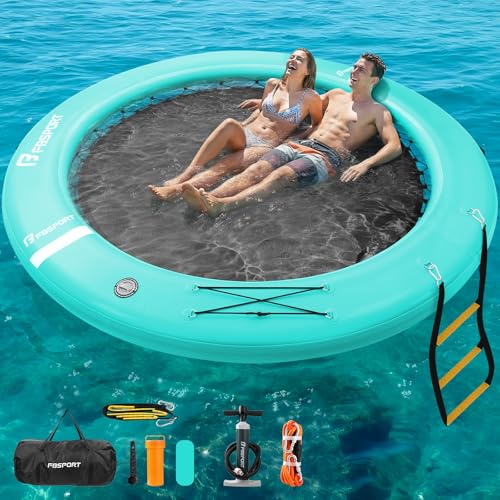 FBSPORT Inflatable Water Hammock Round Floating Ring, 8ft Inflatable Dock Floating Platform for Lake W/Cupholder, Sun Float Chill Raft Float Ring Tanning Pool Lounger Island Platform Pad