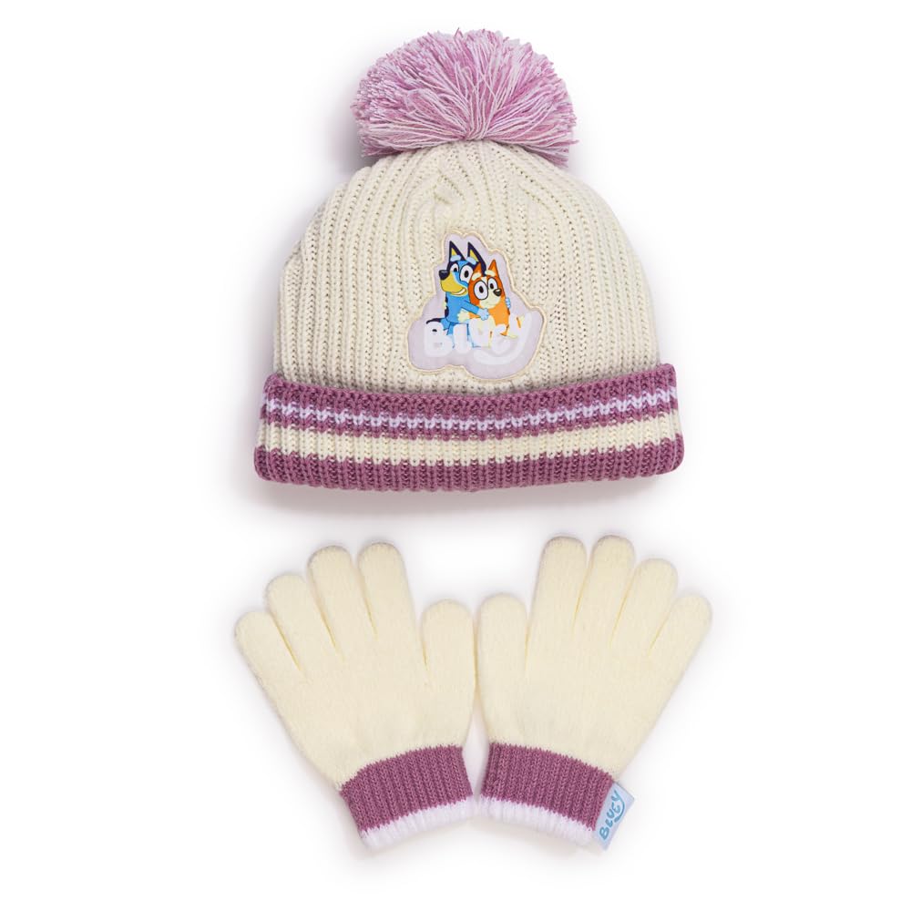Bluey Girls Winter Hat and Gloves Set – Toddler Knit Beanie with Pom Pom and Matching Gloves – Official and Bingo Cold Weather Accessories – One Size, 100% Acrylic