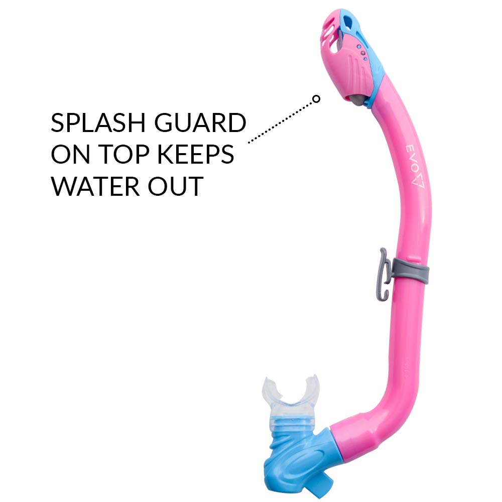 EVO One Dry Snorkel for Kids with Splash Guard and Lower Purge, Comfortable Dry Snorkel for Kids, Swimming Accessory Snorkel for Kids, Children, Snorkel for Kids (Pink/Aqua)