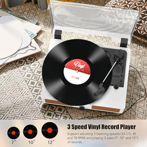 Image of Vinyl Record Player with Built-in Speakers and USB,Belt-Driven Bluetooth Turntable with 3 Speed AUX Input Headphone Jack and RCA Output Vintage Wooden White