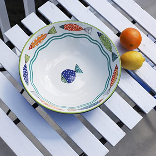 Euro Ceramica Freshcatch Collection 13-Inch Large Serving Bowl - Indoor/Outdoor Use - Colorful Cute Fish Pattern On White (Frc-86-3913) #TOP2
