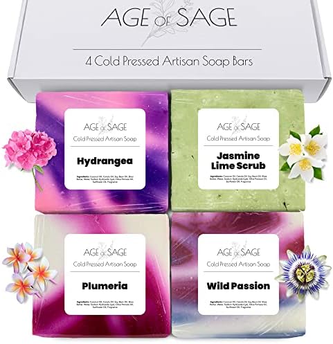 Age of Sage Natural Soap Set for Women - Handmade Moisturizing Artisan Soap Gift Set w/Essential Oil - 4pk Damsel Scent: Hydrangea, Jasmine Lime, Plumeria, & Wild Passion