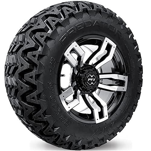 ProFormX 12" Velocity Golf Cart Wheels & Tires Combo Package - Set of Four 23x10.5x12 AT Off-road Tire on 12x7 Machine/Black Rim. Fits Club Car, EZGO and Yamaha LIFTED Carts w/Caps