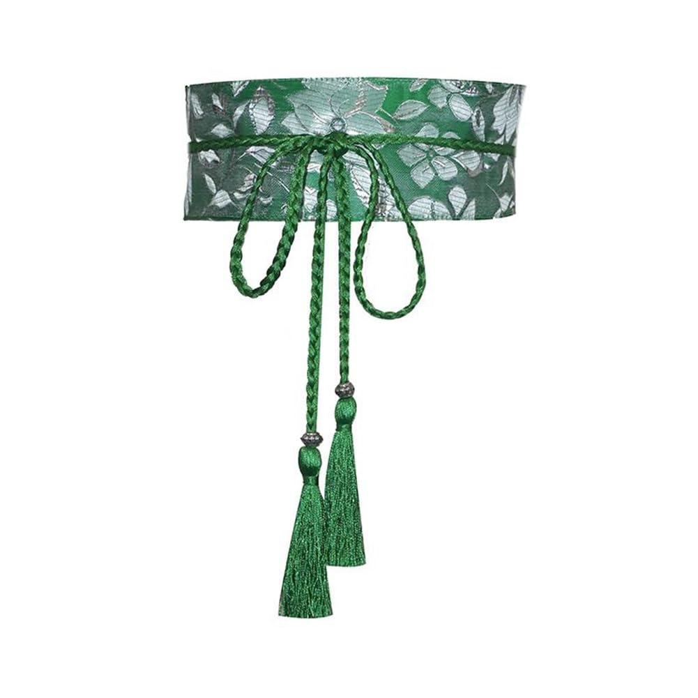 GNSN Retro Women Floral Japanese Belt Waistband Corset Wide Obi Tassel (Green,Width 4 in/10 cm,Retro Women Floral Japanese Belt Waistband Corset Wide Obi Tassel)