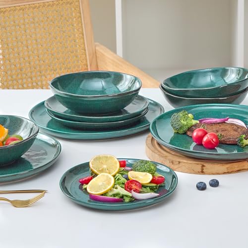 Image of Bestone 12 Pieces Round Kitchen Dinnerware Sets,Plates and Bowls Sets,Dishes, Plates, Bowls, Dish Set, Chip Resistant Ceramic Dinnerware Set, Dishwasher /Microwave Safe,Service for 4,Ceylon Green