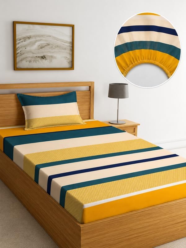 Image of la' amour 240 TC Cotton Fitted Single Bedsheet with 1 Pillow Cover | Elastic Bed Sheet | Soft Breathable Skin-Friendly Fabric | All Season Comfort | 36 x 72 + 6 Inches Golden Horizon