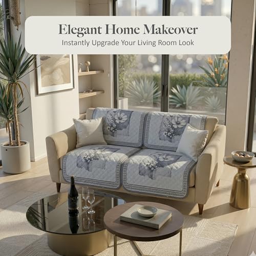 Image of Kuber Industries 2+1 Seater Sofa Cover | Velvet Slipcover for Living Room | Thick & Cozy | Non-Slip Comfort Sofa Cover Set | Pyramid Flower 560 - Grey & White
