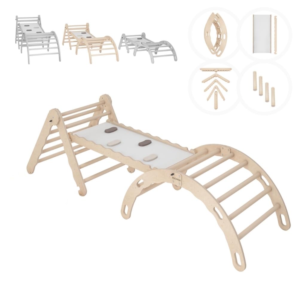 MAMOI® Set Klettergerüst Indoor – Kletterdreieck mit Rutsche aus Holz, Kletterbogen, Rutschbrett, Holzbogen für den Innenbereich