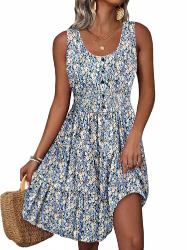Image of Summer Dresses for Women Casual Sleeveless Sundresses Elastic Waist Mini Sun Dress