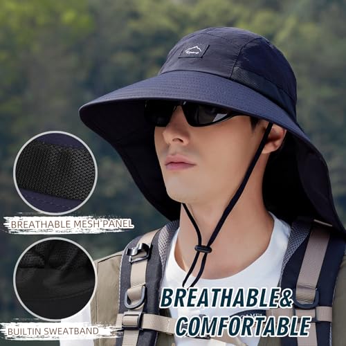 Image of Rosoz Outdoor Sun Hat for Men Women, UPF50+ Protection Safari Cap Wide Brim Mesh Fishing Hat with Neck Flap Beach Garden