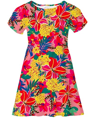Zarityha Girls Dresses Cute Tropical Plants Hawaiian Floral Print Short Sleeve Casual Sundress for Girls Size 6-7