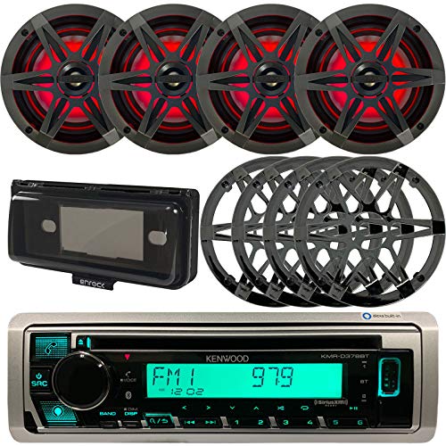 JVC Single DIN Marine Bluetooth AM/FM CD Stereo Receiver, 4x 6.5" 120 Watt Multicolor LED Boat Speakers w/ Chrome Grilles, Weathershield Radio Cover