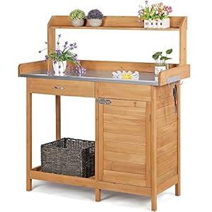 Topeakmart outdoor potting bench table work station garden planting with cabinet drawer top shelf lower shelf natural wood  urban country home decor