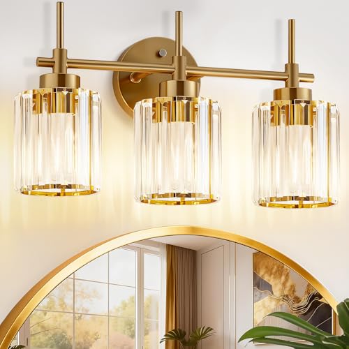 Image of EJIAXIN Bathroom Lighting Fixtures, 3 Light Gold Bathroom Light Fixtures with Clear Shades Modern Crystal Vanity Light Bath Room Vanity Lighting Over Mirror Wall Light