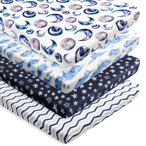 Image of 4 Pack Fitted Pack N Play Sheets for Baby Boys Neutral Unisex Breathable Soft Toddler Mini Crib Sheets for Pack and Play Mattress (Sky)