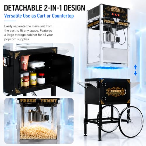 Image of Commercial Popcorn Machine with Cart - 32OZ Kettle Popcorn Makers With Heating Stainless Steel Kettle 3-Switch Control for Corporate, School, Business, Institutional, Theater, Carnival, Church, Black